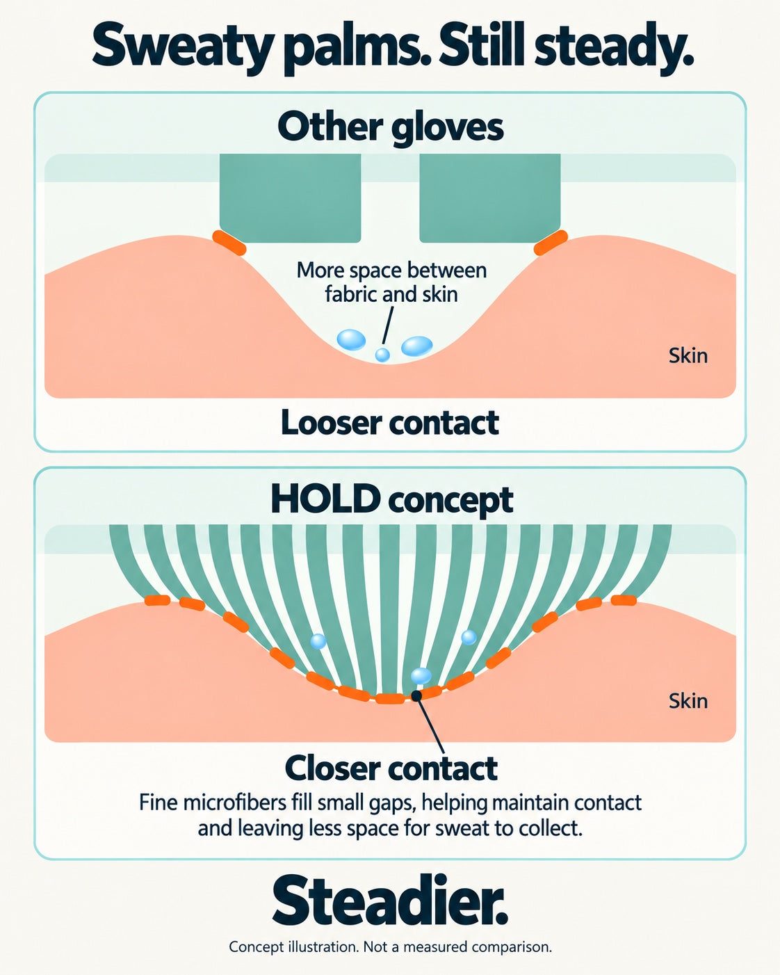 A cross-section drawing comparing a glove sitting loosely over the skin with fine microfibers following it more closely. Concept illustration, not a measured comparison.