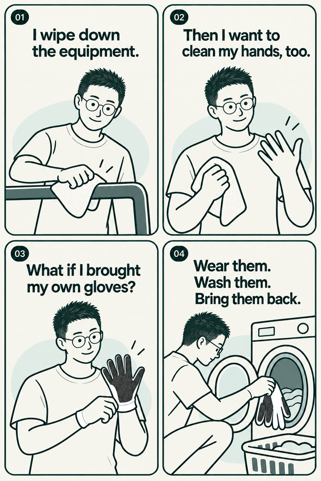 A four-panel drawing: wiping down a machine, then wanting to clean your own hands, then wondering about bringing your own gloves, then putting them in the wash.